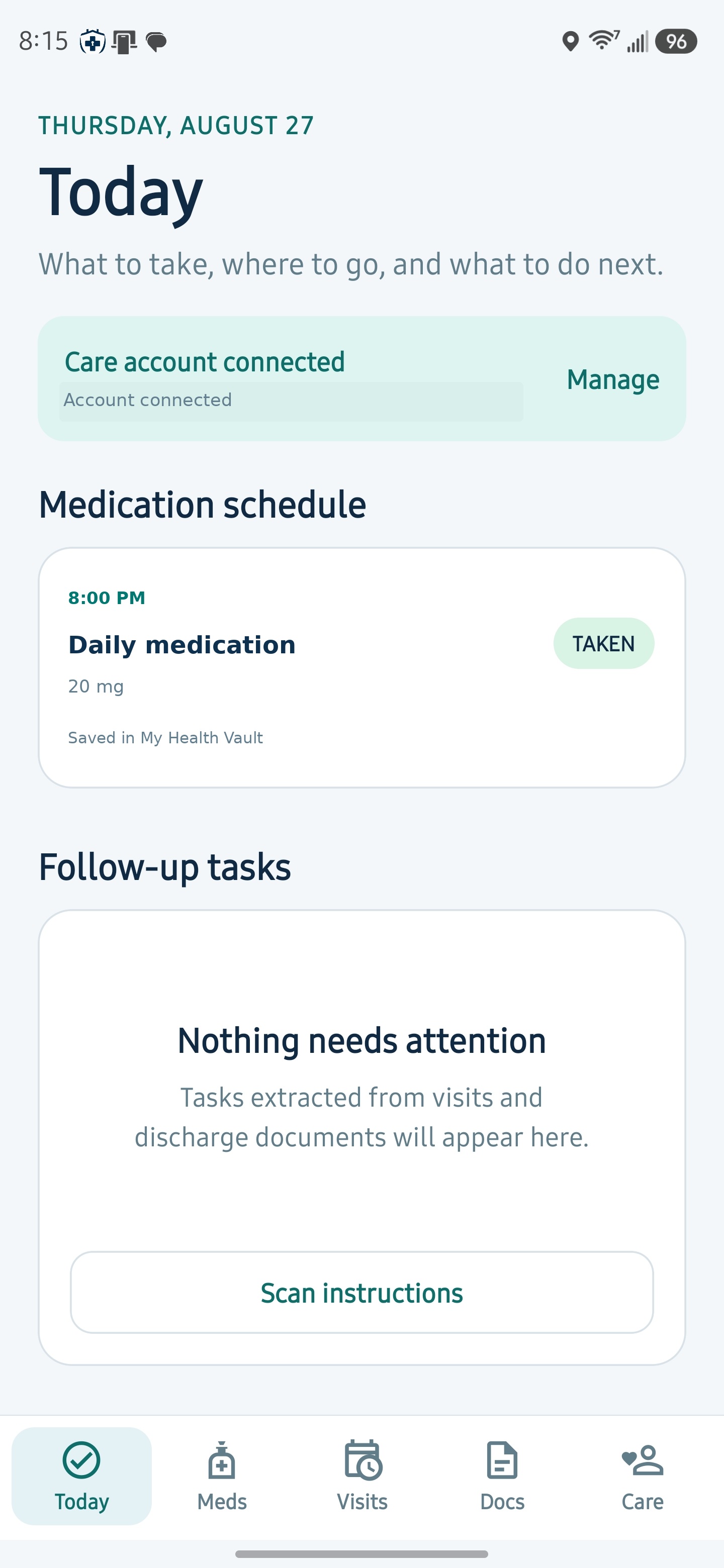 MyHealthVaultAI Today screen on Android