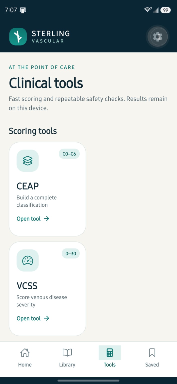 Sterling Vascular clinical tools on Android