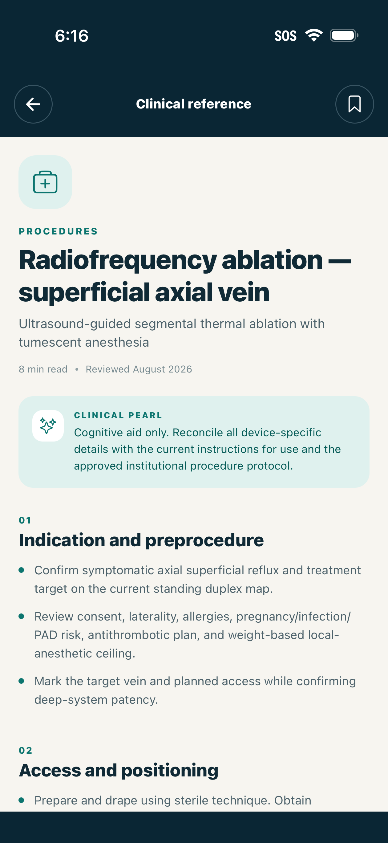 Sterling Vascular radiofrequency ablation reference on iOS